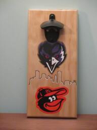 Baltimore Skyline Ravens Orioles Angry Birds Wall Mounted Wooden Magnetic Bottle Opener With Magnetic Cap Catcher Bottle Opener - thumbnail 1