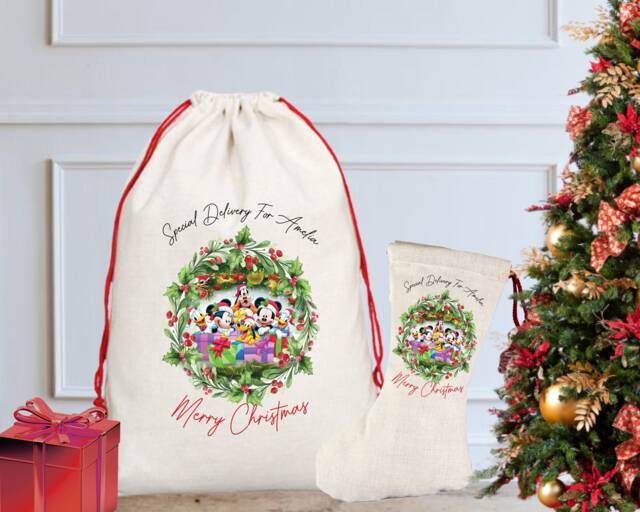 Personalised Mickey & Friends Christmas Sack/stocking, Santa Sack, Eve, Eve Box, Donald, Minnie, Goofy, Gift - image 1