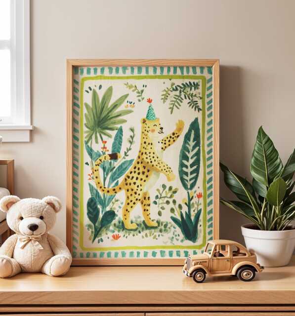 Jungle Cheetah Nursery Wall Art, Whimsical Illustration, Safari Animal Print, Tropical Kids Room Decor, Playful Baby Poster - image 1
