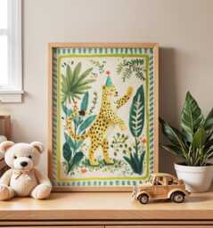 Jungle Cheetah Nursery Wall Art, Whimsical Illustration, Safari Animal Print, Tropical Kids Room Decor, Playful Baby Poster - thumbnail 1