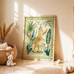 Jungle Cheetah Nursery Wall Art, Whimsical Illustration, Safari Animal Print, Tropical Kids Room Decor, Playful Baby Poster - thumbnail 2