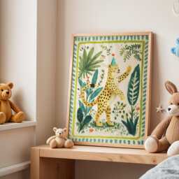 Jungle Cheetah Nursery Wall Art, Whimsical Illustration, Safari Animal Print, Tropical Kids Room Decor, Playful Baby Poster - thumbnail 3