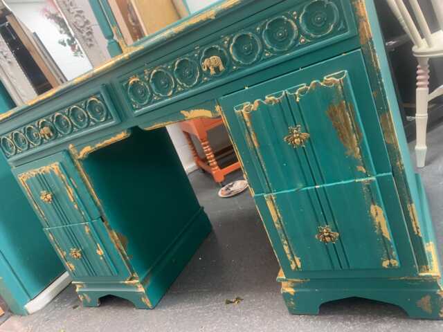 Vintage Old Charm Linenfold Dressing Table With Mirror Restored & Painted - image 1