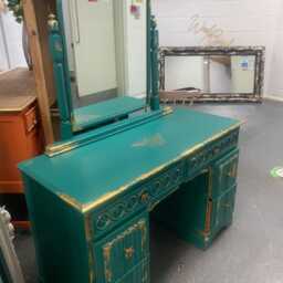 Vintage Old Charm Linenfold Dressing Table With Mirror Restored & Painted - thumbnail 2