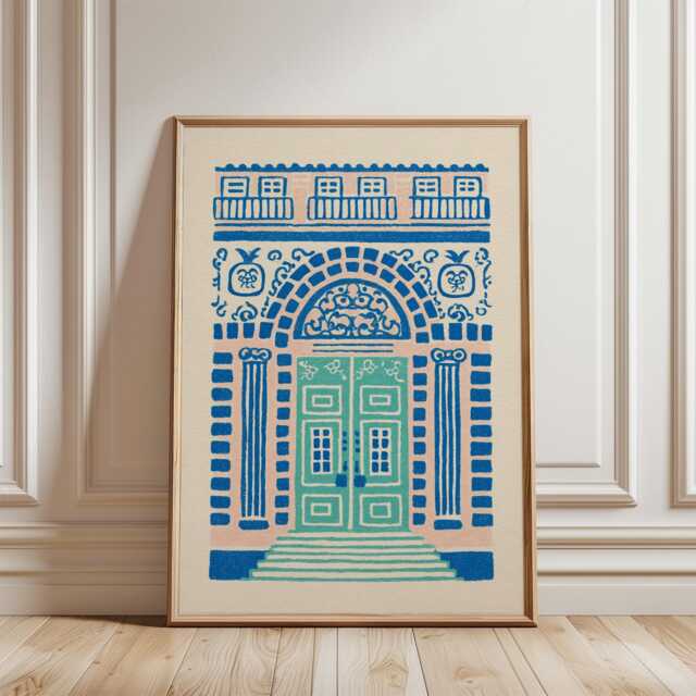 Blue Green Door Poster - Folk Architectural Entrance Art Graphic Mediterranean Wall Print - image 1