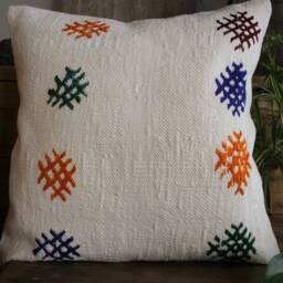 45cm Vintage Kilim Cushion Cover Handwoven - Plain White Background Colourful Brocaded Motifs - thumbnail 2