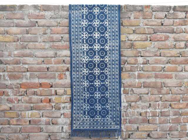 Cotton Indigo Blue Hand Block Print Runner Indian Rug - Washble Pure Rug Dhurrie - image 1