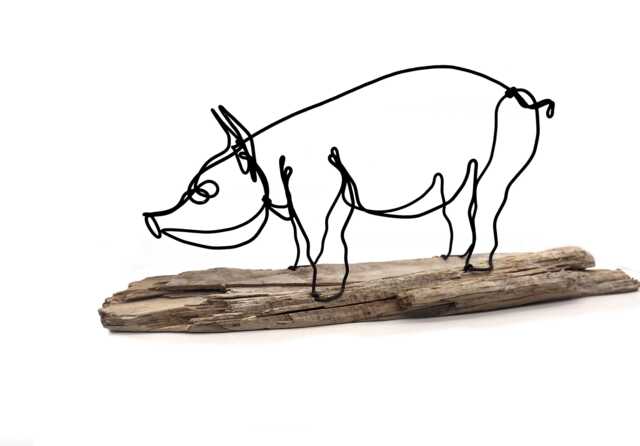 Pig Wire Sculpture Handmade One Line Art On Driftwood - image 1