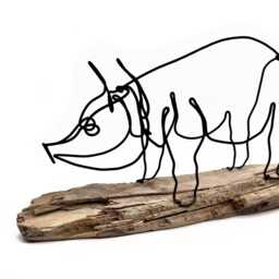 Pig Wire Sculpture Handmade One Line Art On Driftwood - thumbnail 3