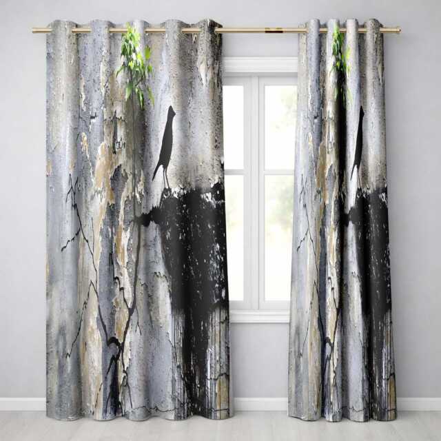 Black Bird With Growing Tree On Cracked Wall Modern Unique Artwork For Home Decor Readymade Eyelet Ring Top Thermal 100% Blackout Curtains - image 1