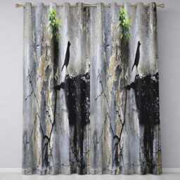 Black Bird With Growing Tree On Cracked Wall Modern Unique Artwork For Home Decor Readymade Eyelet Ring Top Thermal 100% Blackout Curtains - thumbnail 3