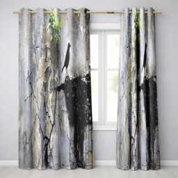 Black Bird With Growing Tree On Cracked Wall Modern Unique Artwork For Home Decor Readymade Eyelet Ring Top Thermal 100% Blackout Curtains