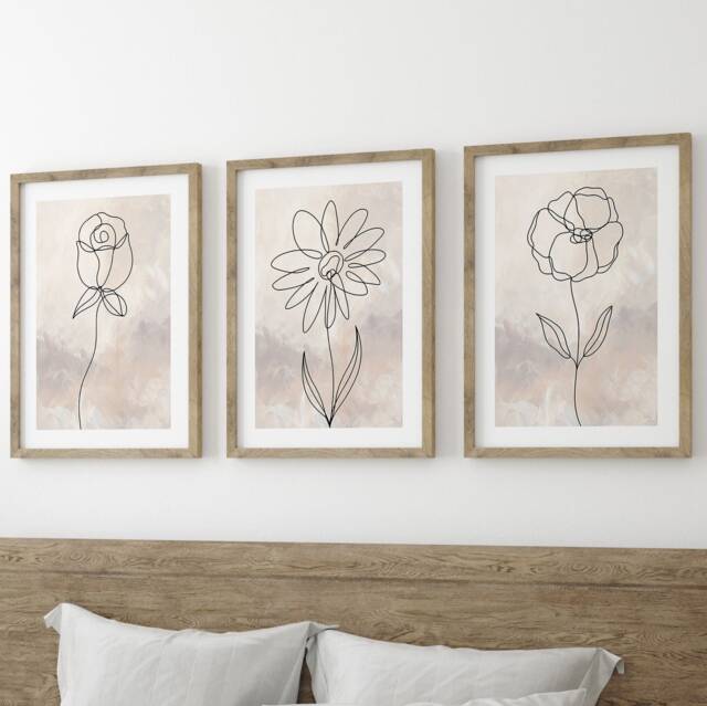 Neutral Flower Botanical Line Art Set Of 3 Unframed Prints, Minimalist Abstract Wall Decor, Rose Sunflower Poppy Flowers, Pinks - image 1