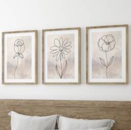 Neutral Flower Botanical Line Art Set Of 3 Unframed Prints, Minimalist Abstract Wall Decor, Rose Sunflower Poppy Flowers, Pinks - thumbnail 1