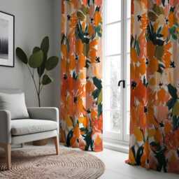 Bold Orange Abstract Floral Curtains, Painterly Oversized Flower Pattern Drapes, Modern Artistic Botanical Panels - thumbnail 2