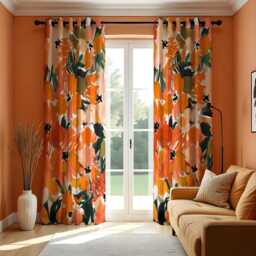 Bold Orange Abstract Floral Curtains, Painterly Oversized Flower Pattern Drapes, Modern Artistic Botanical Panels