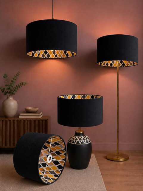 New Made By Order Luxury Double Sided Black Velvet & Yellow Retro Inside Pattern Drum Shape Lamp Shade Pendant Light - image 1