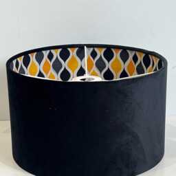 New Made By Order Luxury Double Sided Black Velvet & Yellow Retro Inside Pattern Drum Shape Lamp Shade Pendant Light - thumbnail 2