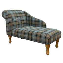 Handmade Chaise Longue Lana Blue Plaid Tartan Fabric, 45