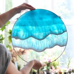 Sea & Ocean Resin Art Wall Decor, Fluid On Glass Window Hanging, Round Beach Home Window Suncatcher - thumbnail 2