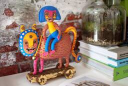 Handmade Beast With Rider Fabric Art Sculpture On Wheels - thumbnail 1