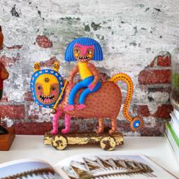 Handmade Beast With Rider Fabric Art Sculpture On Wheels - thumbnail 2