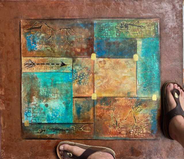 Hand-Painted Abstract Fossils Floorcloth Earth Tone Canvas Rug - image 1