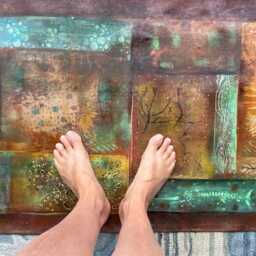 Hand-Painted Abstract Fossils Floorcloth Earth Tone Canvas Rug - thumbnail 2