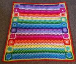 Handmade Rainbow Crochet Baby Blanket - Granny Stripe & Square Design - thumbnail 1