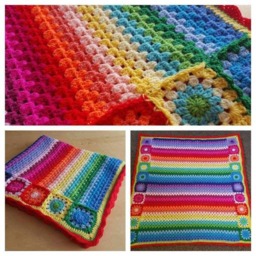 Handmade Rainbow Crochet Baby Blanket - Granny Stripe & Square Design - thumbnail 4