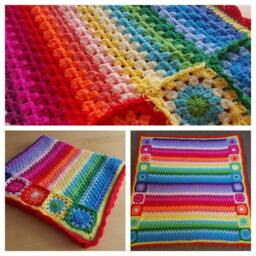 Handmade Rainbow Crochet Baby Blanket - Granny Stripe & Square Design - thumbnail 2