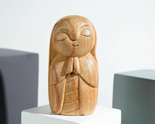 Woman Jizo Statue, Buddha Sculpture, Wood Figurine, Unique, Greeting, Wooden Jizo, Housewarming, Namasthe, Table Decor, Mother Loss Gift - image 1