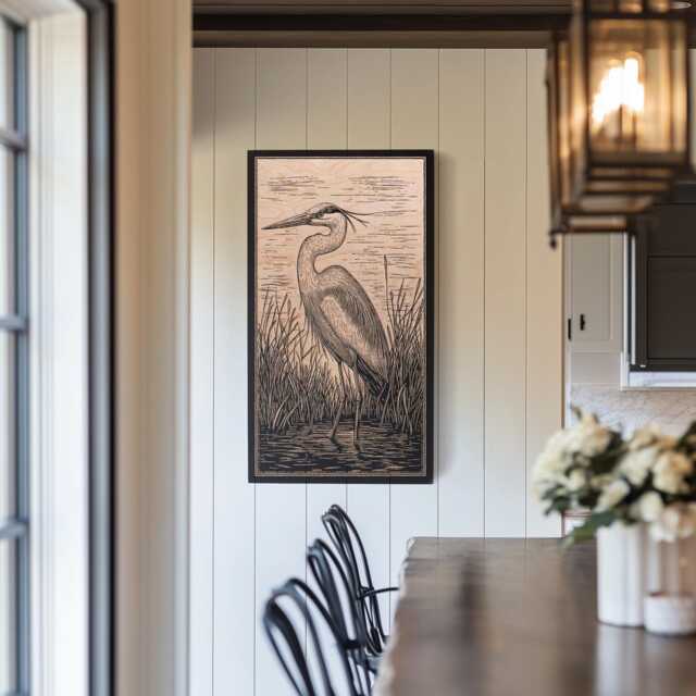 Great Blue Heron Engraved Birch Wood Panel - Block Print Inspired Bird Wall Art, Nature Lovers Illustration Print, Coastal Home Decor Gift - image 1
