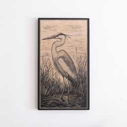 Great Blue Heron Engraved Birch Wood Panel - Block Print Inspired Bird Wall Art, Nature Lovers Illustration Print, Coastal Home Decor Gift - thumbnail 2
