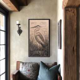 Great Blue Heron Engraved Birch Wood Panel - Block Print Inspired Bird Wall Art, Nature Lovers Illustration Print, Coastal Home Decor Gift - thumbnail 3