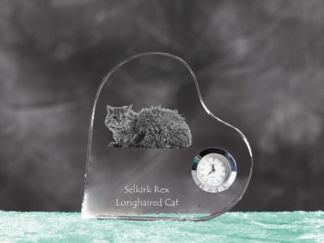 Selkirk Rex Longhaired - Crystal Clock in The Shape Of A Heart With Image Pure-Bred Cat - image 1