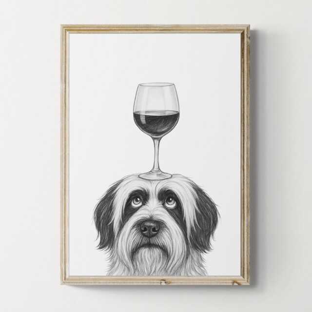 Tibetan Terrier Dog Art Print, Funny & Wine Drawing, Lover Wall Decor, Lovers Gifts - image 1