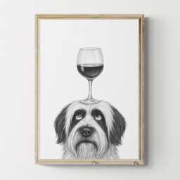 Tibetan Terrier Dog Art Print, Funny & Wine Drawing, Lover Wall Decor, Lovers Gifts - thumbnail 1