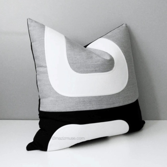 Granite Grey Sunbrella Outdoor Pillow Cover With Black Color Block, Mid Century Modern Cushions For Pool & Patio Seating, Mazizmuse - image 1