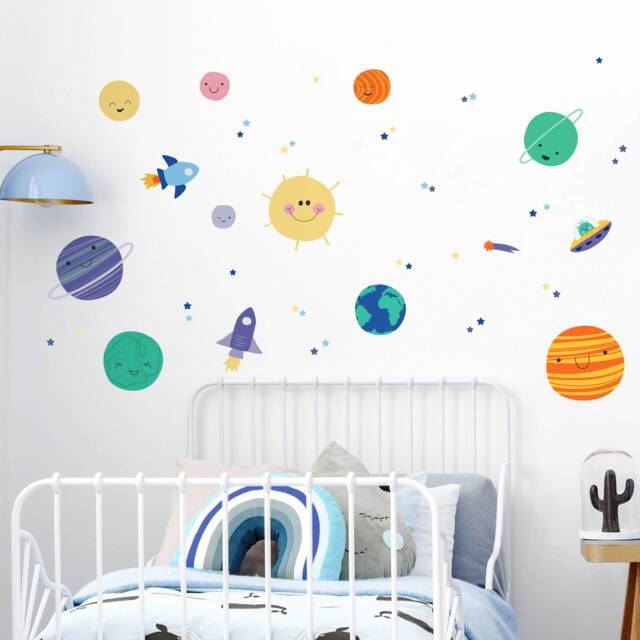 Playful Solar System Wall Sticker Set - Removable Fabric Peel & Stick Space Decals - image 1