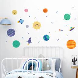 Playful Solar System Wall Sticker Set - Removable Fabric Peel & Stick Space Decals
