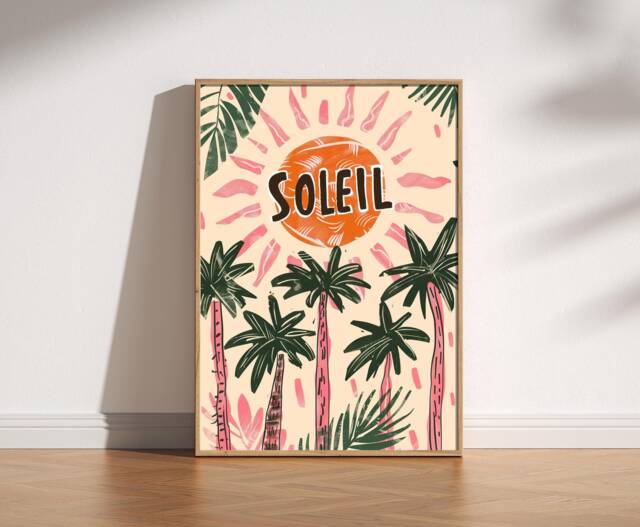 Soleil Colourful Sun & Palm Tree Print, Retro Poster, Abstract Modern Decor, Trendy Pink Green Art, Tropical Sunshine Art - image 1