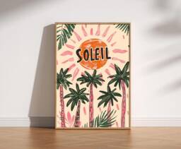 Soleil Colourful Sun & Palm Tree Print, Retro Poster, Abstract Modern Decor, Trendy Pink Green Art, Tropical Sunshine Art - thumbnail 1