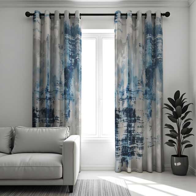 Modern Blue Brushstroke Curtains, Abstract Art Print Drapes, Custom Window Panels For Contemporary Living Room & Bedroom Decor - image 1