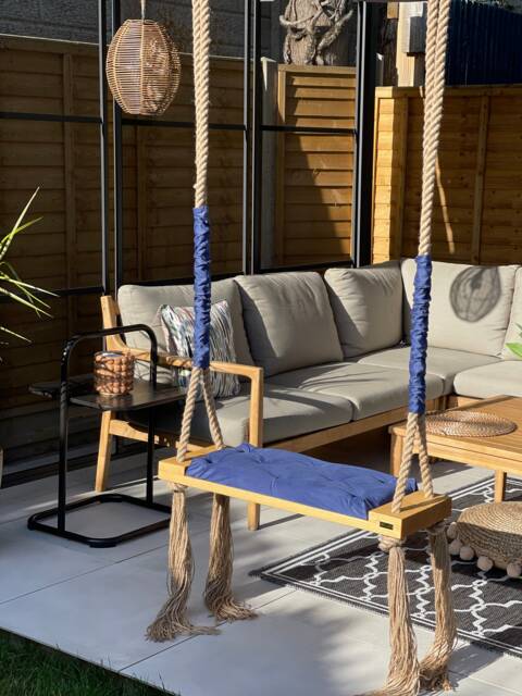 Handmade Light Oak Wooden Swing Royal Blue Cushion, Indoor/Outdoor - image 1