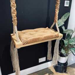 Handmade Light Oak Wooden Swing Royal Blue Cushion, Indoor/Outdoor - thumbnail 3