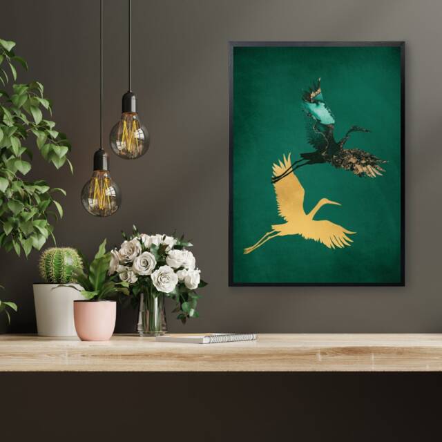 Emerald Green Crane Print - Oriental Japandi Wall Art - image 1