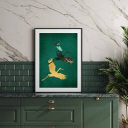 Emerald Green Crane Print - Oriental Japandi Wall Art - thumbnail 2