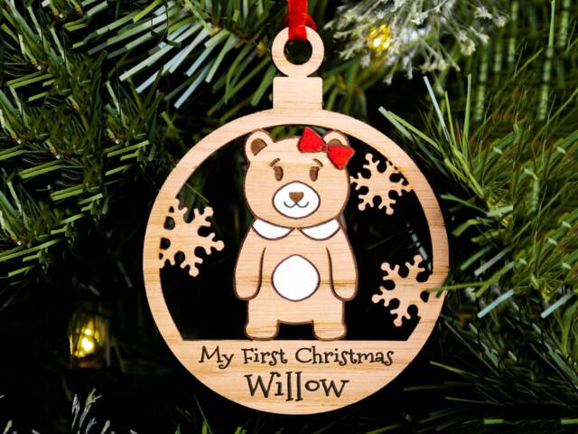 Baby Girls First Christmas Tree Decoration, Cute Bear Personalised Wood Engraved Xmas Bauble, Stocking Filler, Secret Santa, Single Female - image 1
