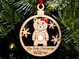 Baby Girls First Christmas Tree Decoration, Cute Bear Personalised Wood Engraved Xmas Bauble, Stocking Filler, Secret Santa, Single Female